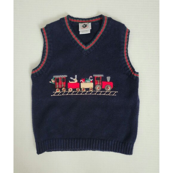 Good Lad of Philadelphia Toddler Ramie Cotton Knit Vest 24M Navy Christmas Train - Picture 2 of 9